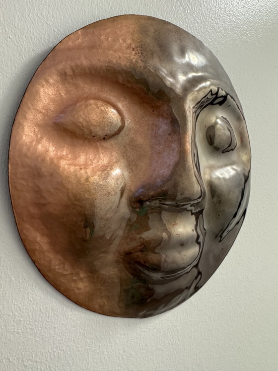 Image 1 of 1960s repoussé and enameled brass face sculpture