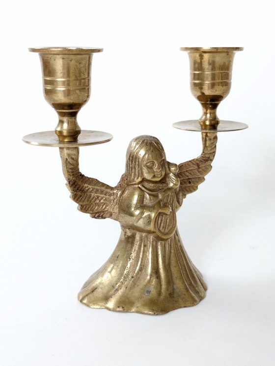 Image 1 of Midcentury Brass Candleholder, Winged Angel for 2 Candles, Christmas Brass Decor