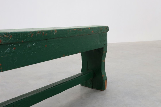 Image 1 of Panca rustica primitiva verde in rovere massiccio, Francia ca. 1900