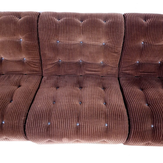 Image 1 of Divano modulare vintage a 3 sezioni, velluto a coste marrone capitonné, anni '70, design moderno di metà secolo