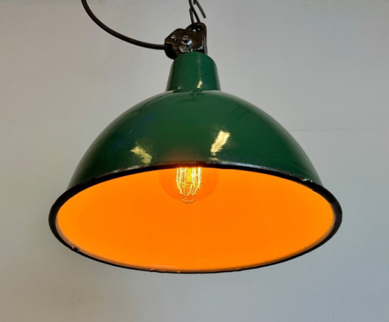 Image 1 of Industrial Green Enamel Factory Lamp with Cast Iron Top, 1960s