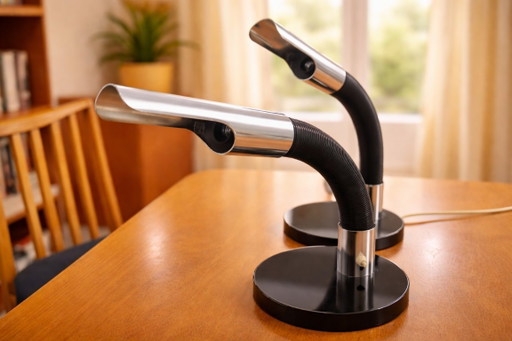 Pair of Goffredo Reggiani G22 Vintage Table Lamps – Made in Italy, Modernist Design, Black and Chrome, Original.