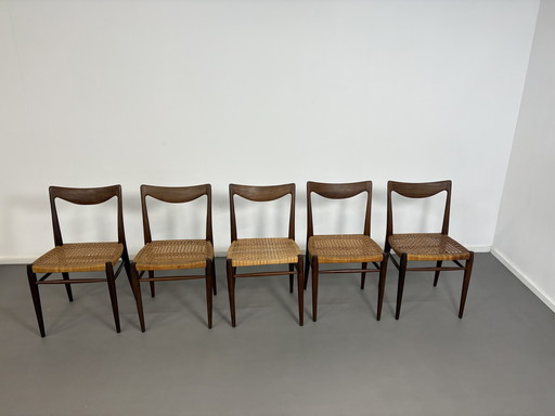 Set van 5 Deense palissanderhouten eetkamerstoelen met rotan uit 1960