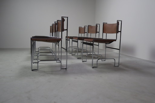 Set of 6 modernist chrome and leather dining chairs, 1970's