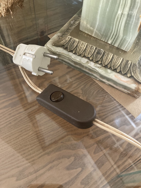 Image 1 of Schöne Vintage Tischlampe, Sammlerstück-grüner Onyx Marmor/Messing Fuß, schöner originele Schirm