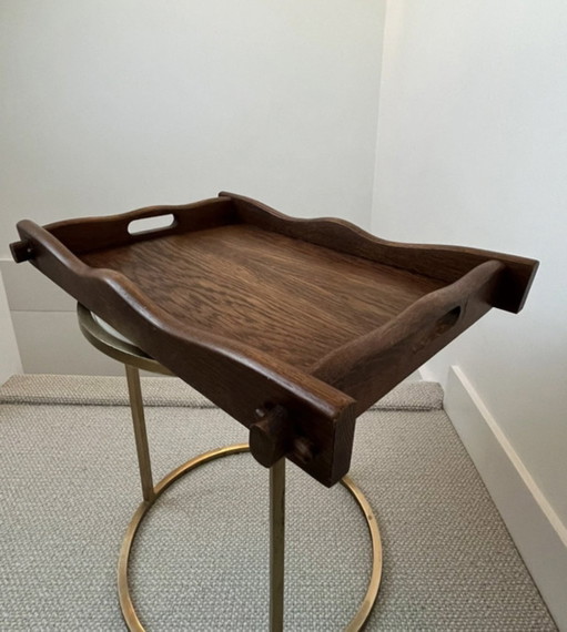 Vintage oak tray with wavy edge and corner pins - MCM 45x32 – decoratieve objecten, Wood