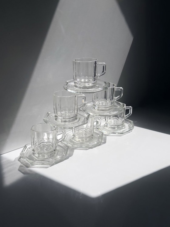 6 Vintage Glazen Espressokopjes met Achthoekige Schotels, Italië Jaren 80/90, Art Deco Revival – Servies (photo 6 of 6)