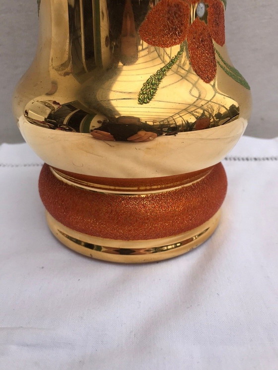 Image 1 of Vaso antico in vetro artistico di BEAULIEU, vetro dipinto in oro + decoro floreale vintage #D391