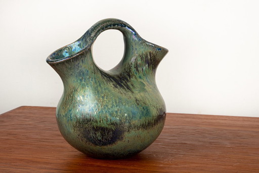 Iridescent Green Flamed Stoneware Art-Deco Style Double Neck Vase by Alphonse Cytère 1920