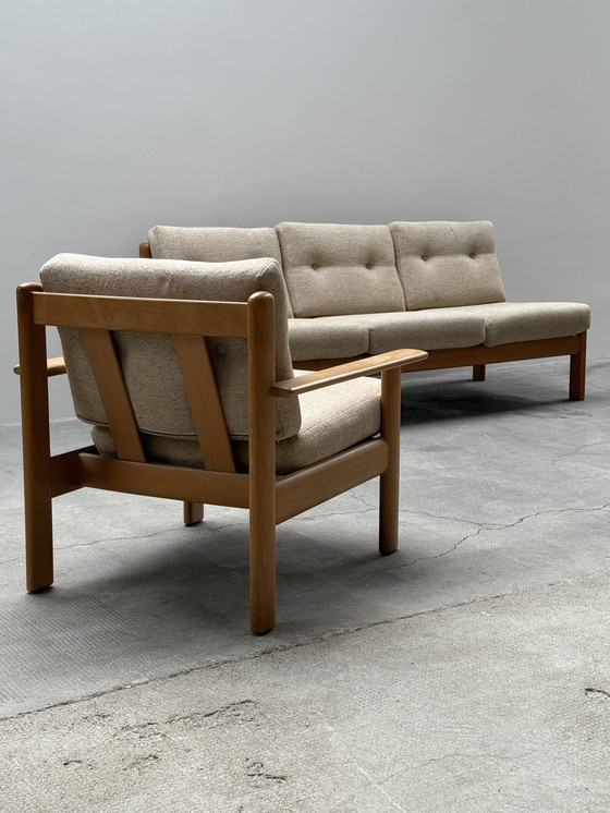 Image 1 of Wilhelm Knoll seating group 3-seater + 2-seater + armchair solid ash wood fabric cream-colored, Germany 1970s