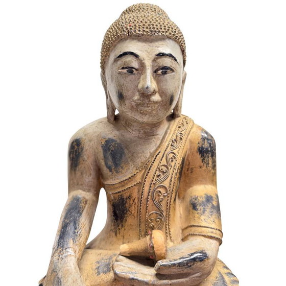 Antico Buddha birmano del XIX secolo - Legno policromo intagliato a mano - 57 cm – Sculture (photo 12 of 18)