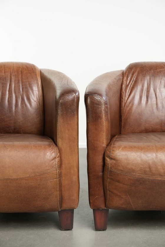 2x Poltrone Aviator Design Vintage in Pelle Bovina Caratteristica con Grana in un Bel Colore Cognac (photo 10 of 14)