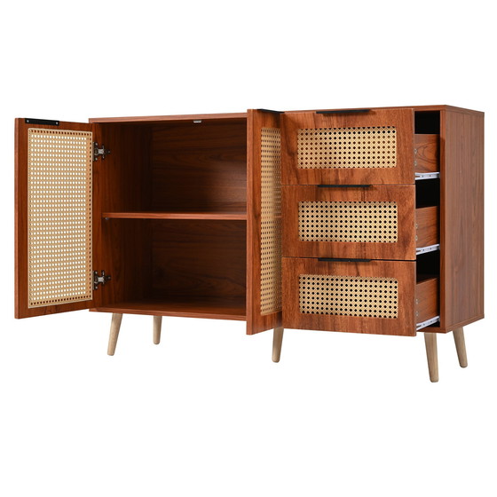 Image 1 of Urban Meuble vintage dressoir van rotan in walnoot houtlook met 2 deuren en 3 lades met zwarte handgrepen 120*38*78cm CRI
