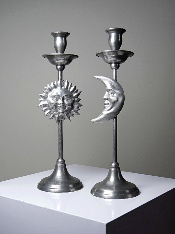 Image 1 of Pair of vintage mid-century silver-plated pewter Sun & Moon handcrafted candlesticks