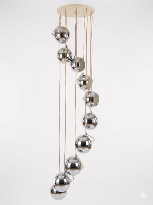 Large XXL Space Age cascade pendant light, 10 chrome globes, Reggiani style – 1970s