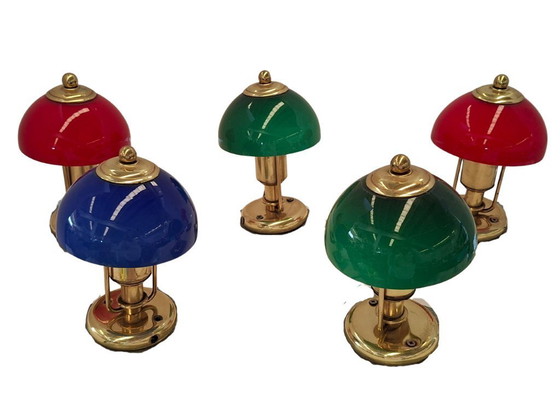 Image 1 of Set di 5 Lampade Vintage stile Nautico – Ottone e Vetro Colorato – 23cm