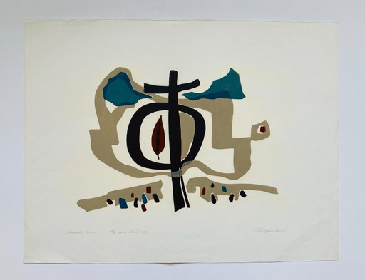 Gijsbert Jan van Koppenhagen - Linograbado vintage 1971 - Década de 1970 - Letreros rodeados