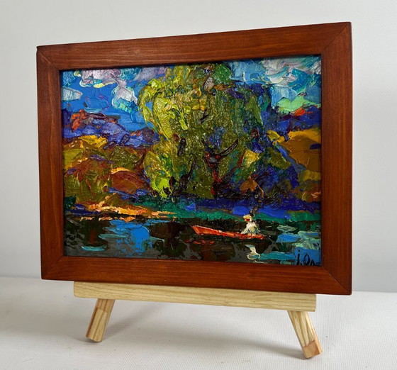 Image 1 of Original Oil Painting Summer Coastal Landscape The boat is sailing on the lake