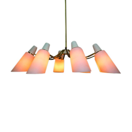 Spoetnik kroonluchter met 8 opalen lampenkappen, Stilnovo stijl, 1950S, Italië