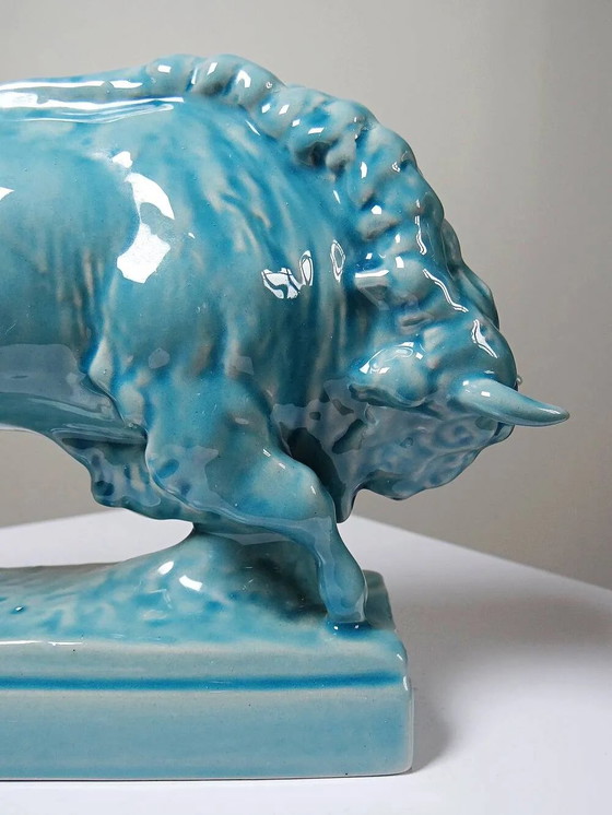 Bisonte Zsolnay in maiolica smaltata turchese, Ungheria, anni '40-'50. – Oggetti decorativi, Porcellana (photo 4 of 15)