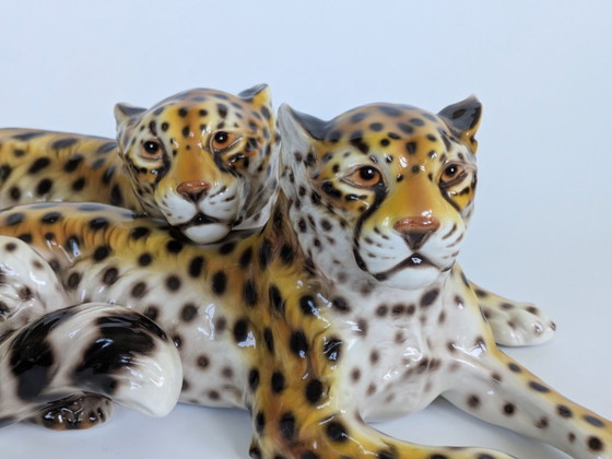 Image 1 of Large Italian Midcentury Porcelain Leopard Pair Sculpture Hollywood Regency Ronzan Style