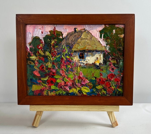 Original Oil Painting Summer Flowers Landscape Mallows are blooming in the garden