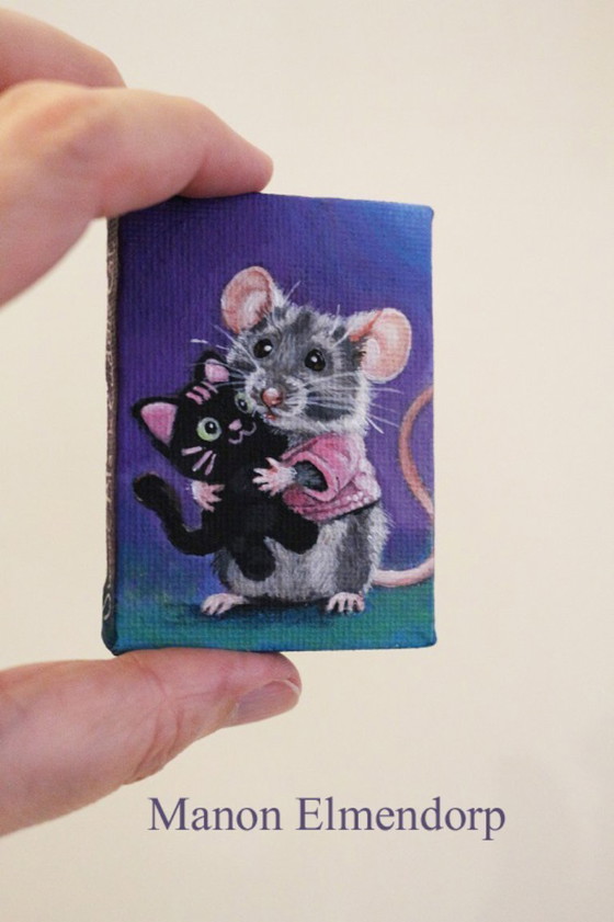Image 1 of Unique Hand-Painted Little Mouse Painting with Cat Plush Toy