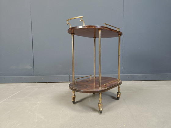 Image 1 of Chariot de bar italien en peau de chèvre laquée et parchemin par Aldo Tura, années 1960