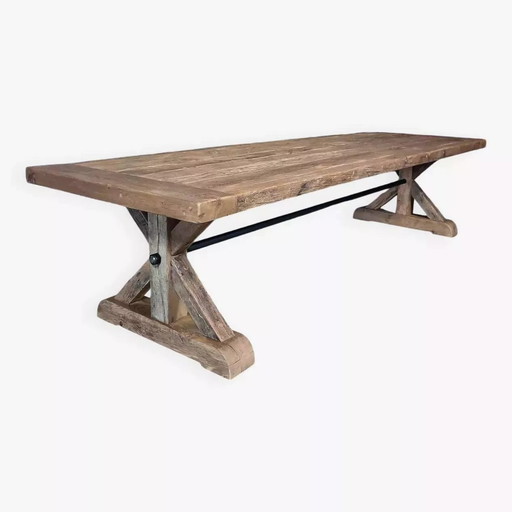 Table en Chene Massif Ancien Type Ferme Pieds Etoile - Longueur 250 cm