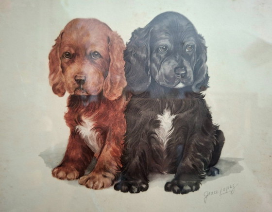 Image 1 of Litografia americana d'epoca, circa 1950, di Grace Lopez - Cuccioli di Cocker Spaniel - Decorazione
