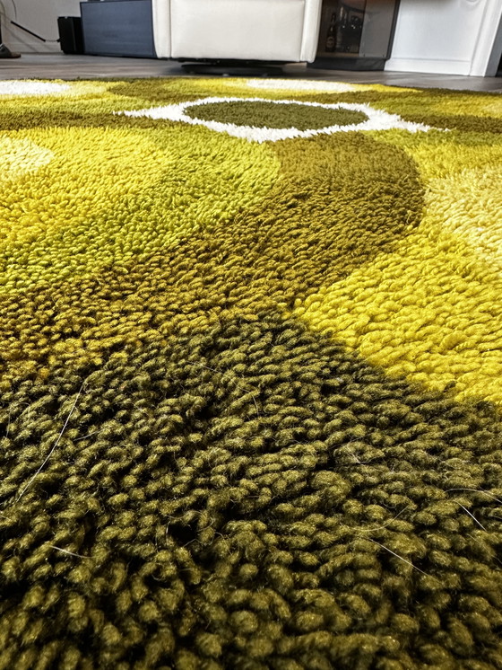 Image 1 of Original Prinstapijt-Teppich aus der 70er Jahre im Rya-Design mit warmen Grün- und Gelbtönen
