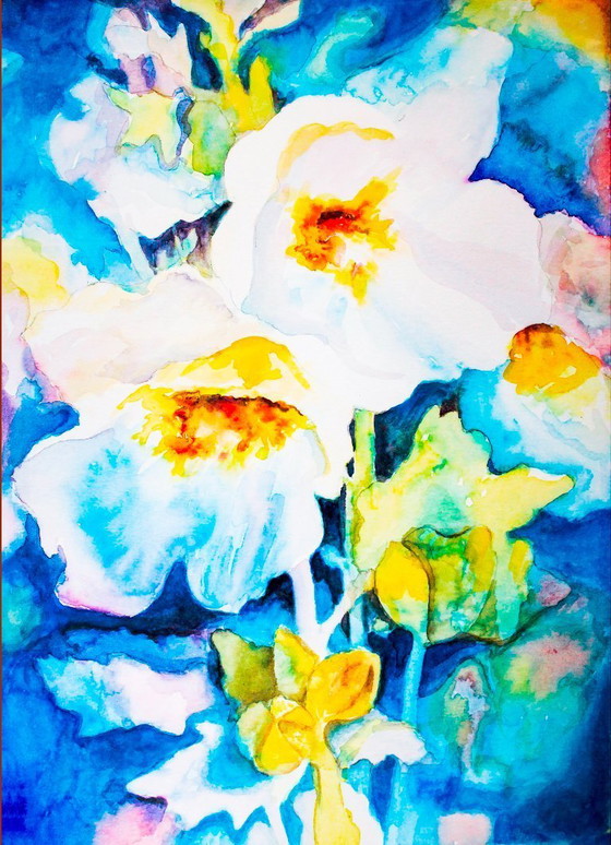 Image 1 of Original watercolor with flowers. Flower painting. Watercolor flowers. New.