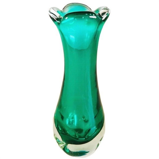 Image 1 of Vintage mid-century Murano glass Chambord vase Fratelli Toso green turquoise 1950's