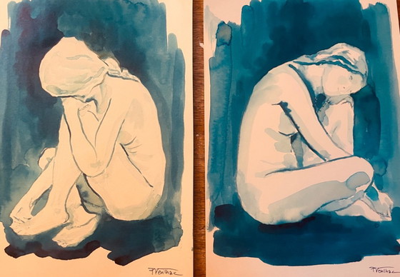 Image 1 of Set of 2 monochrome blue watercolor portraits of a woman, "blueTime"