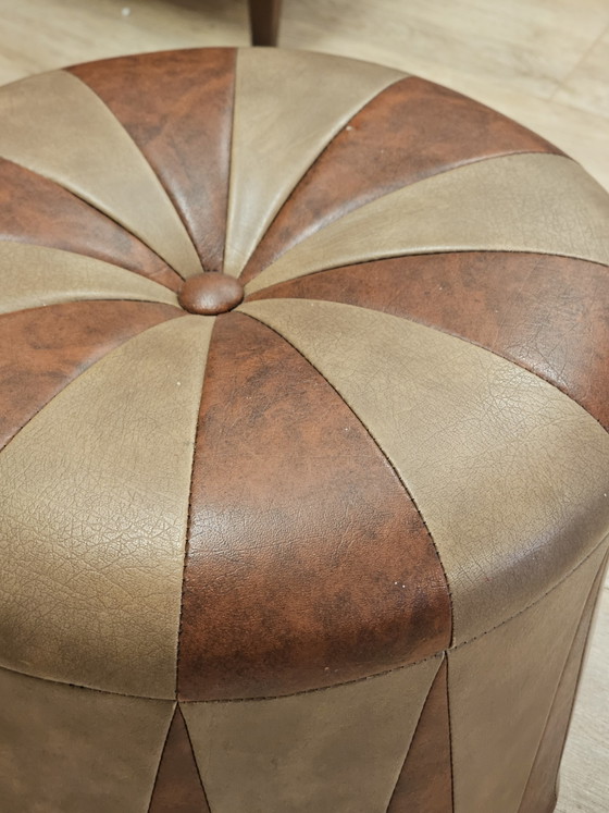 Vintage Skailer Pouf - Brown/Beige Leather Ottoman – Footstools & poufs (photo 4 of 5)