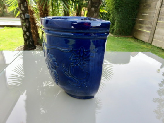 Image 1 of Wall-mounted flower pot with grape motif in glazed blue ceramic, 1970s