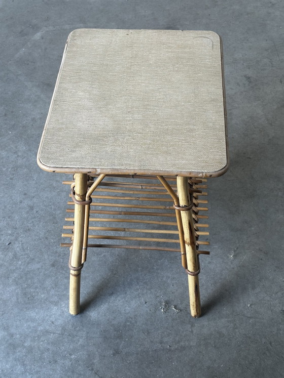 Vintage Bamboo and Rattan Side Table with Magazine Rack – 1970s – Osier seventies, Wicker (photo 4 of 11)