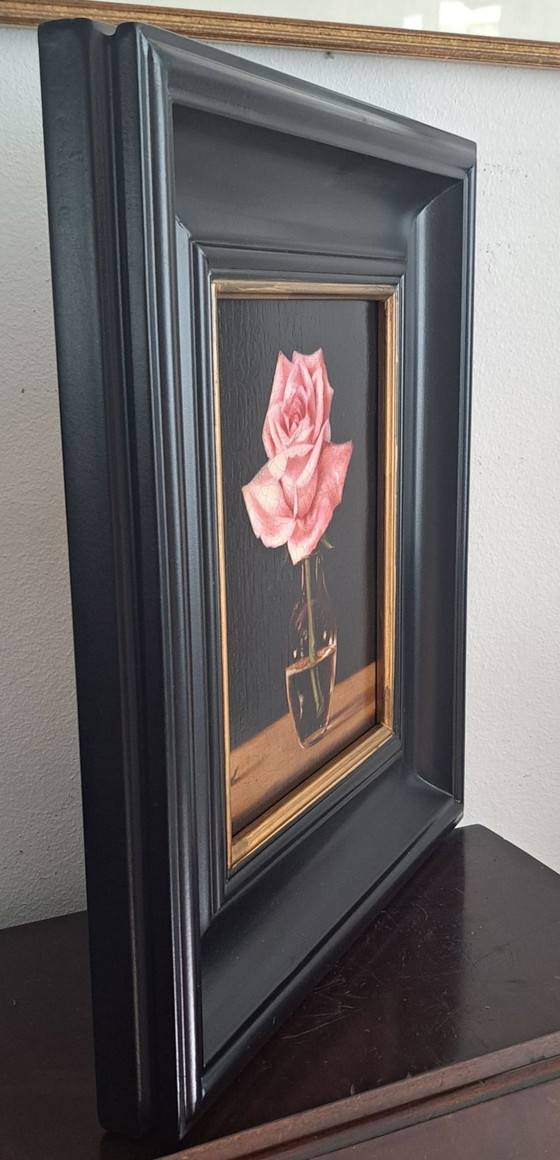 Natura morta con una rosa rosa di Patrick Farrell, Arte, Legno, Tela, Nero (foto 2 di 8)