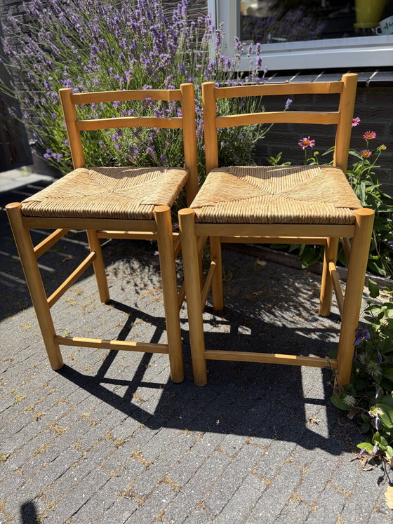 Image 1 of Ensemble de 2 tabourets de bar vintage des années 50 avec assises en jonc