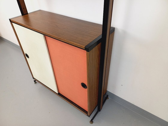 Image 1 of Libreria componibile vintage italiana in melaminico con decori in legno e metallo degli anni '60