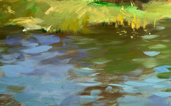 Image 1 of Dipinto ad olio originale, paesaggio costiero fluviale. Un acquazzone si avvicina lungo il fiume.
