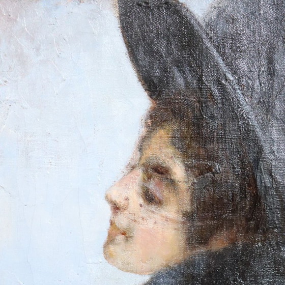 Image 1 of Ritratto di giovane donna con cappello, olio su tela, Italia, fine XIX secolo.