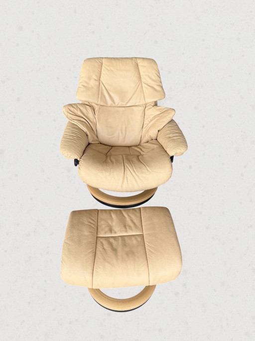 Stressless Reno Leather Recliner Set Beige with Footstool – fauteuils, Wood