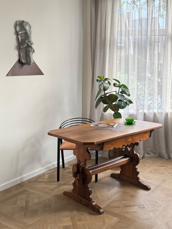 Image 1 of Antique German / Alpine Trestle Table With Drawer