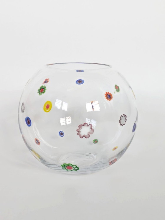 Image 1 of 1990s Leonardo Millefiori Ball Glass Vase, German Art Glass Murano Style Floral Inclusions