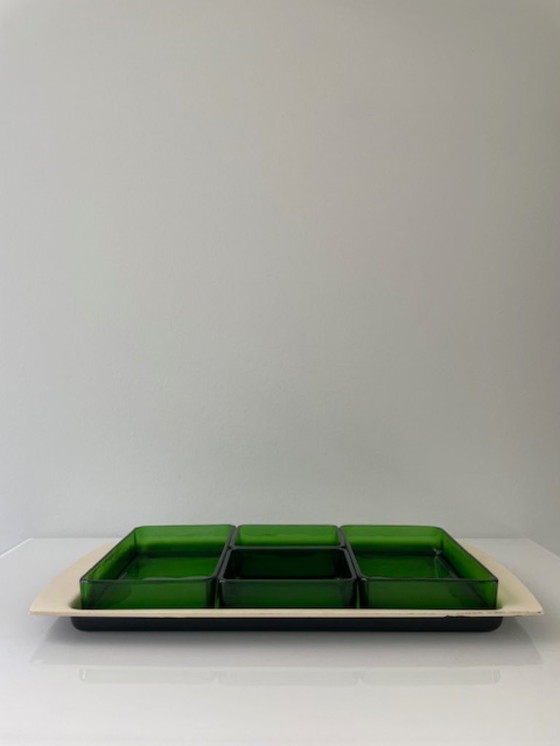 Image 1 of Vintage serving bowl with bright green glass trays - 1960s retro design