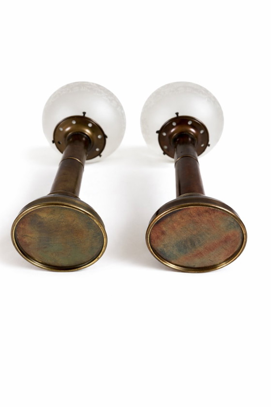 Image 1 of Pair Vintage DHR Holland Brass Spring Candle Lamps - Etched Glass Shades