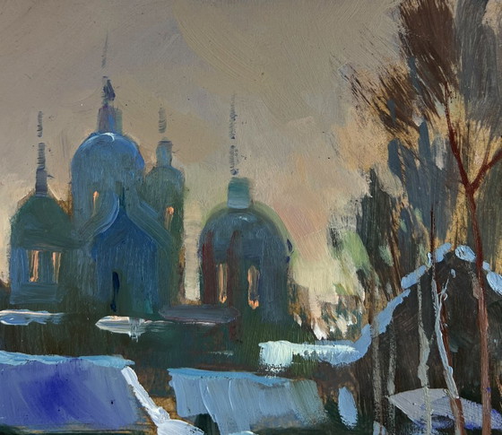 Image 1 of Original Oil Painting Winter Church Landscape View of the monastery in the evening
