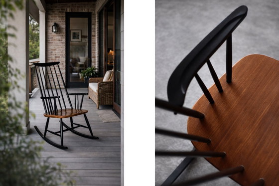 Image 1 of Fauteuil à bascule vintage en bois de style finlandais moderne du milieu du siècle, par Ilmari Tapiovaara pour Asko, années 1960