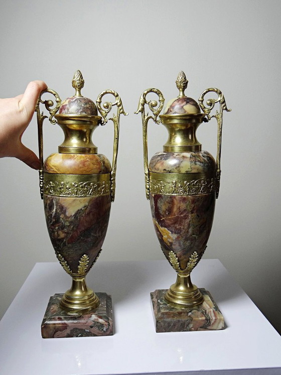 Image 1 of Pair of cassolettes in breccia marble and gilt bronze, Napoleon III 19th century